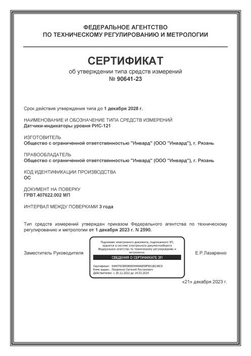Сертификат об утверждении типа средств измерений РИС-121